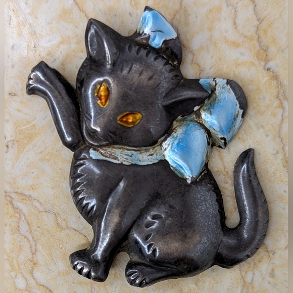 Vintage Pressed Sterling Silver Blue Ribbon Gold Eyes 1950's Kitten Cat Brooch - Picture 10 of 11